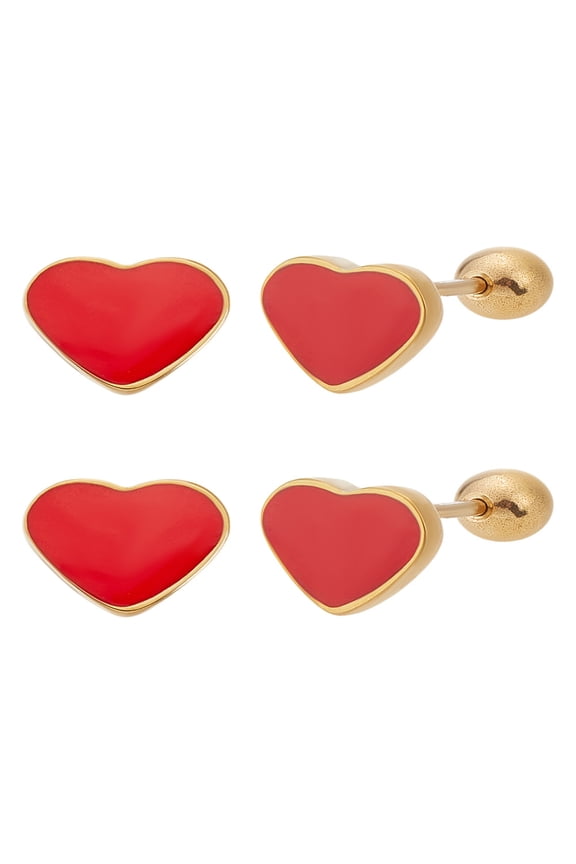 1set 2 Pairs Stainless Steel Stud Earrings with Epoxy Resin Heart Golden Red 7x8mm