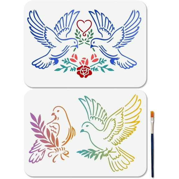 1set 2 Pcs Dove of Peace Stencil Love Pigeons Stencils for Painting 11.78.3inch Reusable Olive Rose Stencil Crafts Templates with Paint Brush for DIY Craft on Wood Wall Home Decor White