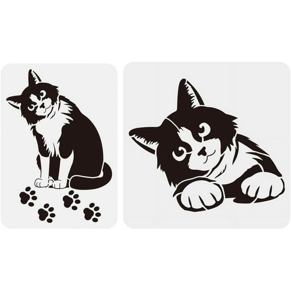 1set 2 Pcs Peeping Cat Drawing Stencil 2 Size Tilted-Head Cat Painting Template Reusable Paw Prints Decoration Stencil Animal Theme DIY Stencil for Painting on Wood Wall Fabric Furniture White