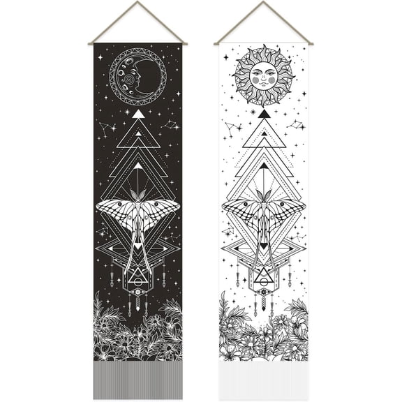 1set 2 Pcs Sun and Moon Moth Tapestry Black and White Insect Geometry Vertical Tapestry Wall Hanging Psychedelic Long Tapestry Mystic Gothic Tapestry for Bedroom and Living Room(51x13 Inch)