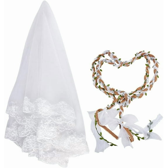 1set 2 Pcs Wedding Lasso Rope with Bridal Veils Wedding Cord with Green Leaf Wedding Lasso Rope with Pendants Ceremony Handfasting Cord Wedding Lasso Rope for Tradicional Wedding Ceremony