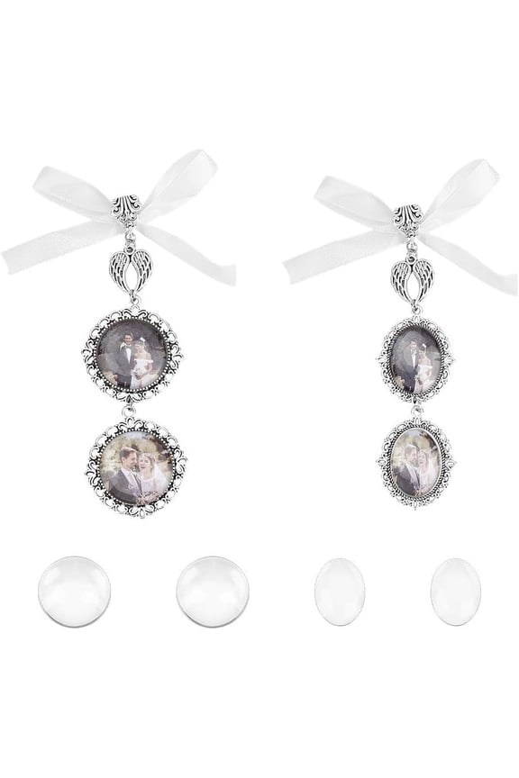 1set 2 Sets 2 Styles Wedding Bouquet Photo Charm Memory Charm Pendant Bezels Cabochon Blanks Settings Bouquet Memorial Bridal Charm Wedding Gift for DIY Jewelry Making Wedding Graduation