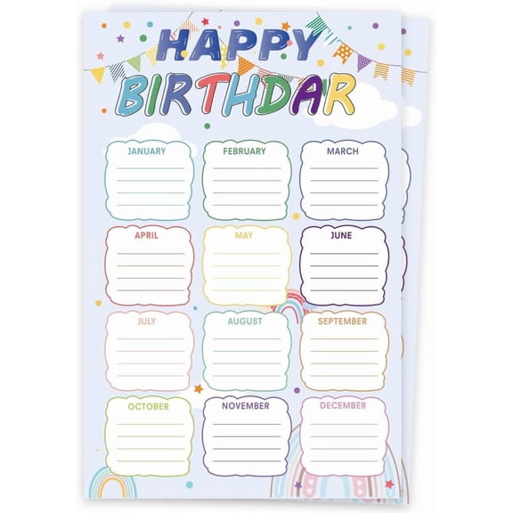 1set 2 Sheets Happy Birthday Chart for Classroom 17x11 Inch Colorful Birthday Poster Reusable Birthday Calendar Poster for School Classroom Bulletin Board Decorations (Colorful Ribbons)
