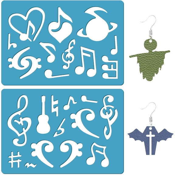 1set 2 Styles Musical Note Earrings Jewelry Making Template Acrylic Blue Music Heart Guitar Y Clef Reusable Cutting Cutouts Stencil for Leather Bracelet Earrings DIY Craft Scrapbooking Painting
