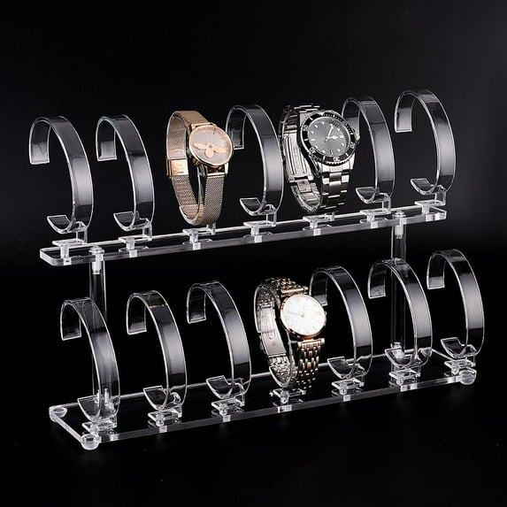 1set 2-Tier Watch Display Stand Clear Acrylic Bracelet Display Holder with 14pcs Wrist Rack Transparent Jewelry Organizer Stand Case for Men Women Store Wrist Watch Bracelet Shop Selling