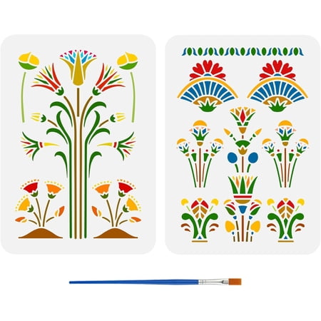 1set 2 pcs Art Nouveau Egyptian Flowers Stencil with 1 pc Plastic Paint Brush 8.3x11.7inch Egyptian Lotus Flower Stencil Egyptian Floral Stencil for Painting on Wood Floor Wall Furniture