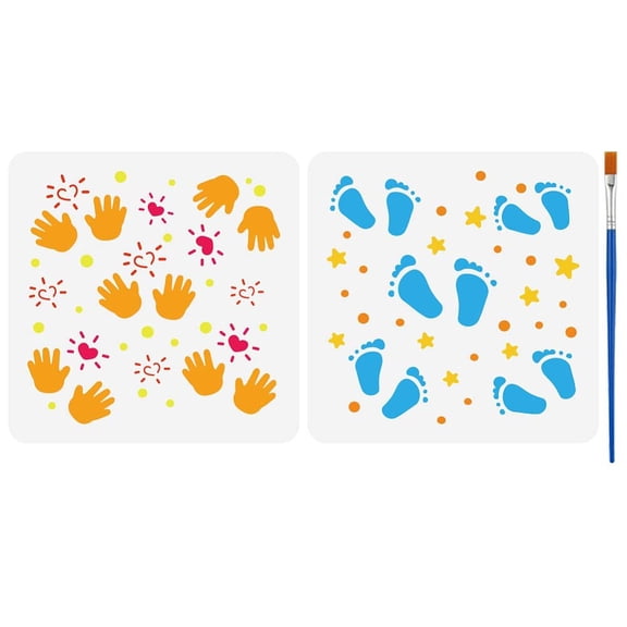 1set 2 pcs Cartoon Handprint Footprints Painting Stencil 5.9x5.9inch Dots Handprint Painting Template with 1pc Plastic Paint Brush for Painting on Wall Wood Furniture Home Decoration
