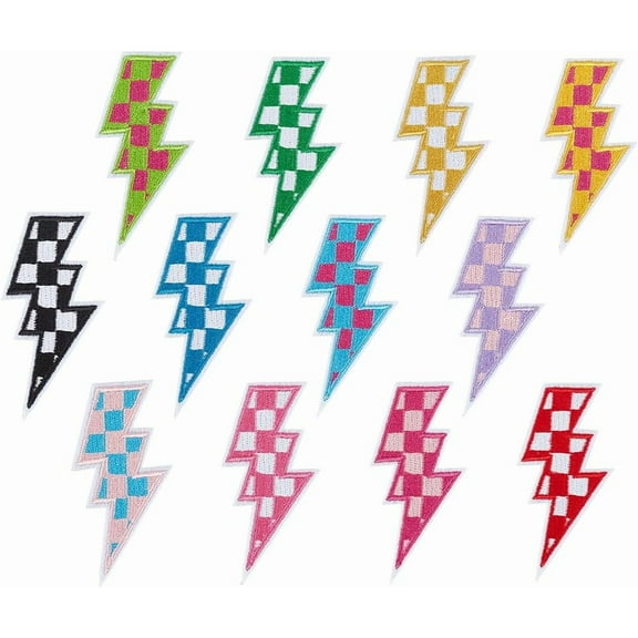 1set 2 sets Polyester Iron on/Sew On Patches Hot Melt Adhesive Cloth Appliques Tartan Lightning Bolt Mixed color 82x39x2mm 12pcs/set