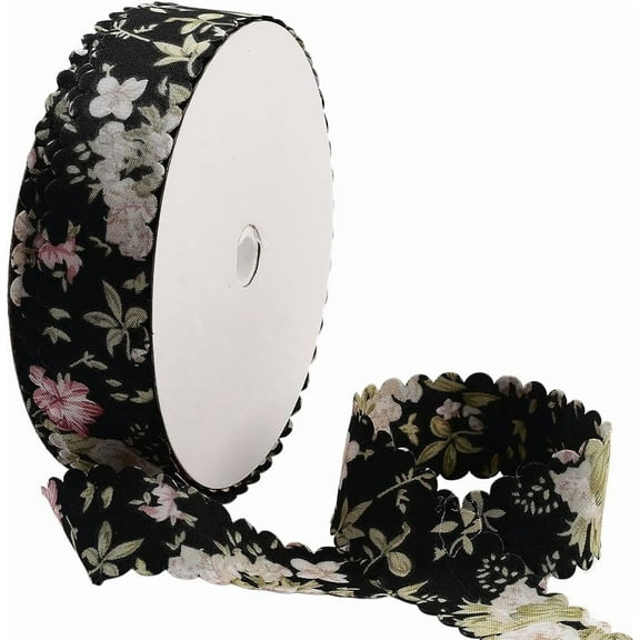 1set 20 Yards Floral Print Ribbon Black Flower Pattern Ribbon Polyester Vintage Spring Summer Double Wavy Edge Fabric Ribbons Bulk with Spool for Sewing Making Crafts Bouquets Wreath Supply