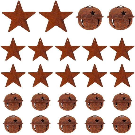1set 20 pcs Rusty Metal Jingle Bells Vintage Rusty Bells 20 pcs Rustic Metal Star Retro Tree Supplies Kit Crafts for Christmas Tree Wreath Holiday Home House Room Decoration 1.85x1.85 Inch Iron