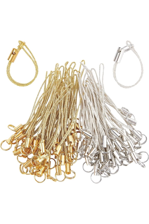 1set 100Pcs 58MM Phone Keychain Strap Tone Split Ring Cords Colorful Polyester Cellphone Charms Lanyard String for Mobile Phone Lariat USB Drive DIY Decorations Supplies