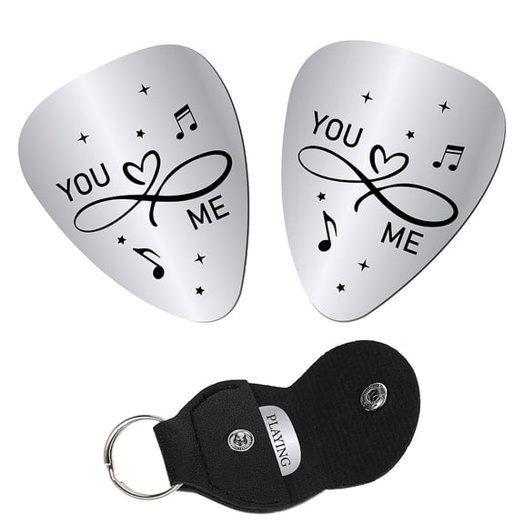 1set 201 Stainless Steel Guitar Picks with PU Leather Guitar Clip Plectrum Guitar Accessories Infinity Pattern Picks: 32x26x1mm 2pcs Clip: 115x47x1.3mm Inner Diameter: 24mm 1pc