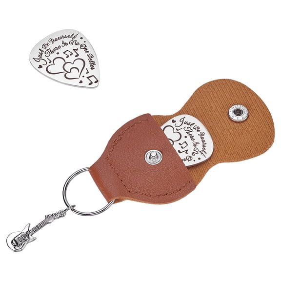 1set 201 Stainless Steel Guitar Picks with PU Leather Guitar Picks Holder Plectrum Guitar Accessories Word Picks: 35x28mm Holder: 110x52mm 1set