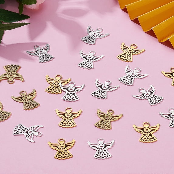 1set 20Pcs 2 Colors Tibetan Style Alloy Pendants Angel Charms Silver Golden 27x24.5x1.5mm Hole: 4x1.5mm 10pcs/color