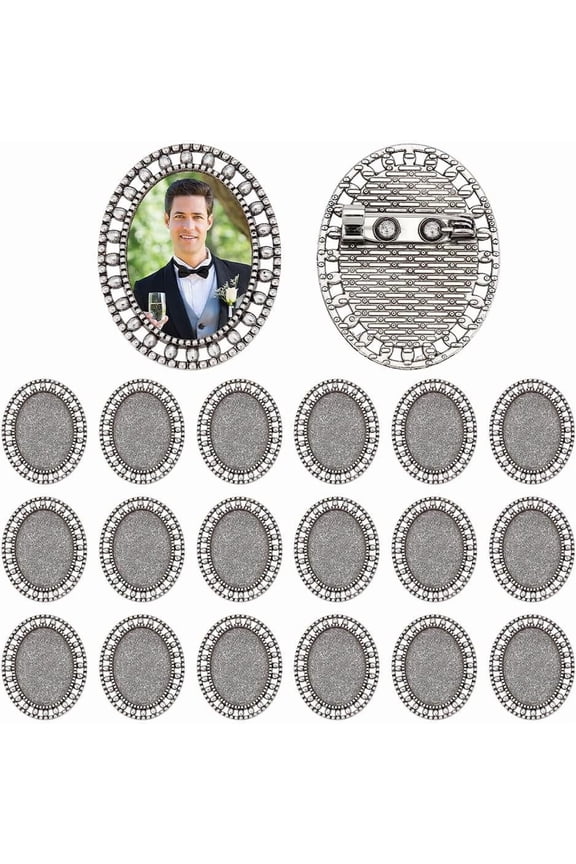 1set 20Pcs Picture Lapel Pins Tibetan Style Brooch Cabochon Setting Blank Bezel Oval Brooch Pins Photo Pins 25x18mm Tray for Wedding Bridal Graduation Memorial Funeral Jewelry Making DIY Craft Alloy