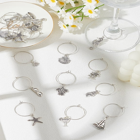 1set 20pcs 10 styles Alloy Wine Glass with Brass Wine Glass Ring Mixed Shapes Antique Silver 41~59mm 2pcs/style