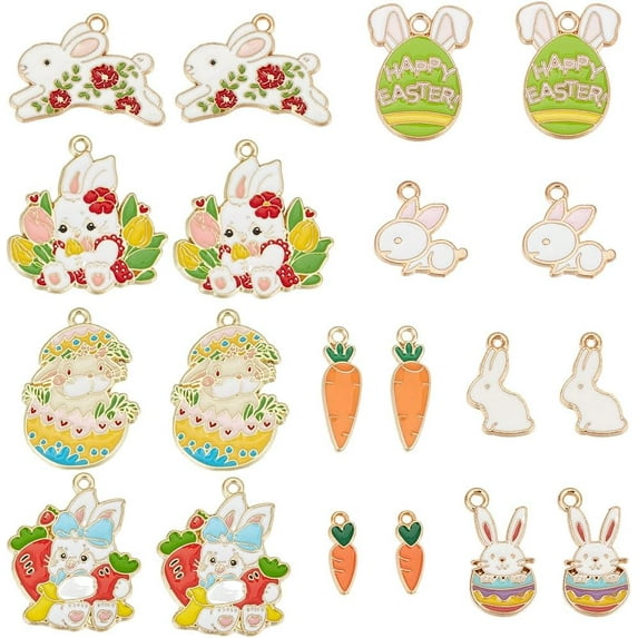 1set 20pcs 10 styles Easter Theme Alloy Enamel Pendants Light golden Mixed Shapes 16~30x5~30x1~2mm Hole: 1.4~2mm 2pcs/style