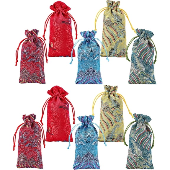 1set 20pcs 5 colors Silk Pouches Drawstring bag Rectangle with Wave Pattern Mixed color 16.3x7.8x0.4cm 4pcs/color