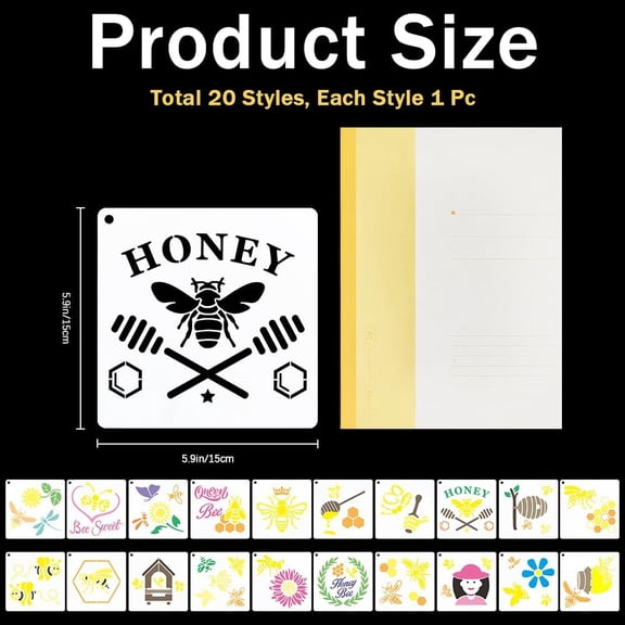 1set 20pcs Bee Honey Stencils 15x15cm Bee Honeycomb Template Beehive Flowers Sweet Butterfly Dragonfly Pattern Reusable Drawing Stencils for Painting on Wood Fabric Wall Furniture Card Making