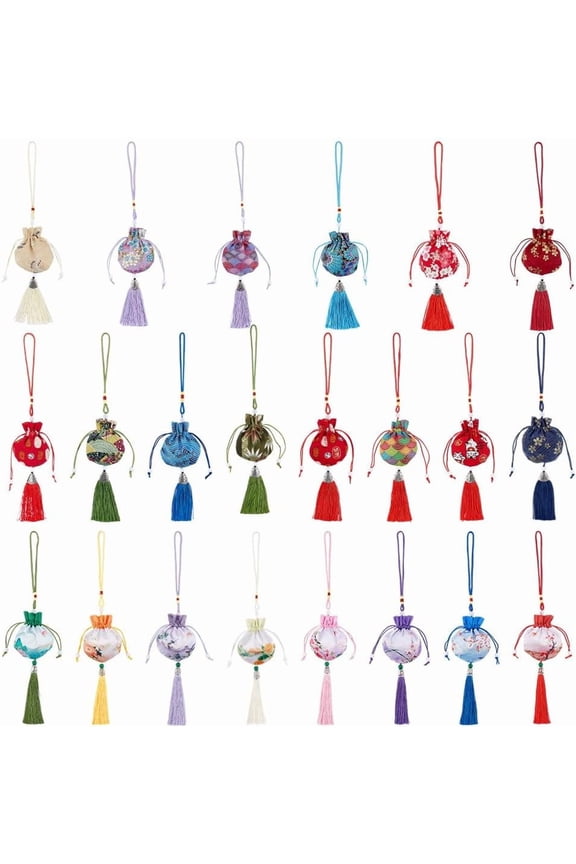 1set 21 Pcs Jewelry Bags Drawstring Colorful Chinese Style Cloth Flower Hanging Storage Bags with Tassel Jewelry Pouches Bags Gift Pouches for Wedding Necklace Jewelry Bead