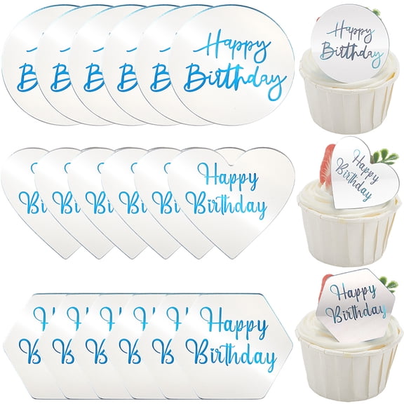 1set 21pcs 3 styles Mirror Effect Acrylic Birthday Cupcake Insert Card Decoration Cake Toppers Silver 43.5~50x48.5~50x1.5mm 7pcs/style