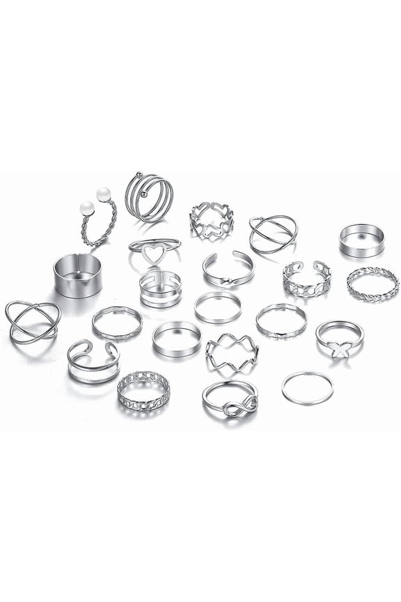 1set 22Pcs 22 Style Heart Butterfly Criss Wave Alloy Finger Rings Set Stackable Rings for Women Platinum Inner Diameter 18mm Silver