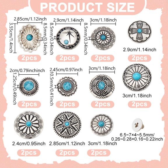 1set 22pcs 11 styles Flat Round Alloy Enamel Coin Screwback Rivets with Plastic Imitation Turquoise for Clothes bag Shoes Leather Craft Antique Silver 24~35.5x24~30x7~12.5mm 2pcs/style