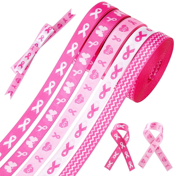 1set 24 Yards 5 styles Breast Cancer Awareness Ribbon 3/8 inch(10mm) Pink Craft Grosgrain Pink Ribbon Satin Ribbon Roll for Crafts Hair Party Crafts Present Decorations Sewing Projects