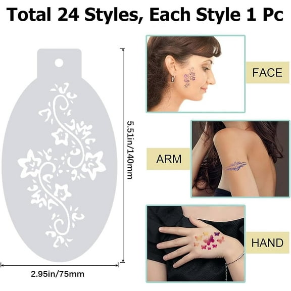 1set 24 styles Reusable Face Paint Stencils Plastic Body Drawing Flower Snowflake Fish Star Tattoo Painting Makeup Temporary Tracing Body Template for Holiday Halloween Party Makeup Art Crafts