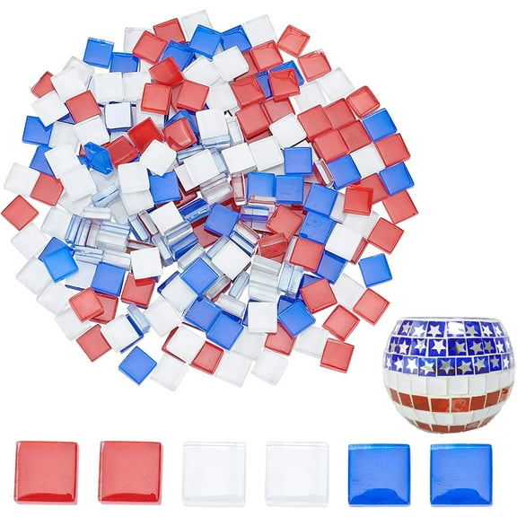 1set 240pcs Independence Day Mosaic Tiles 10mm Memorial Day Tiles White Blue Red Glass Tiles Patriotic 4th of July Square Tiles Mosaic Pieces for Flowerpots Vase Handmade Home Decor