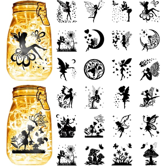 1set 24Pcs Fairy Silhouettes Stickers Mason Jar Cutout Decals Waterproof Transparent PVC Lantern Jar Scrapbook Christmas Embellishment Supplies for Wall Windows Frosted Glass Crafts 3.5x3.9in