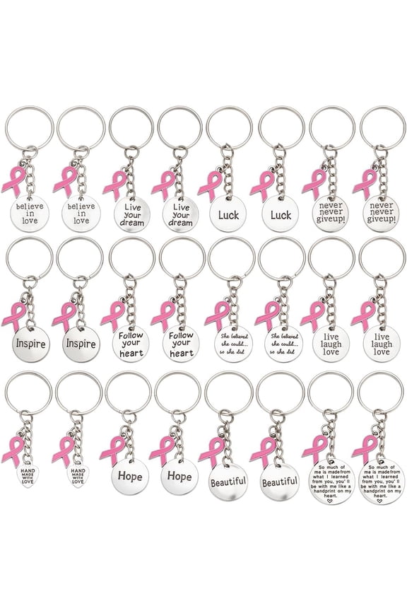 1set 24pcs 12 style Alloy Keychain with Iron Rings October Breast Cancer Pink Awareness Ribbon Antique Silver & 70~75mm 2pcs/style