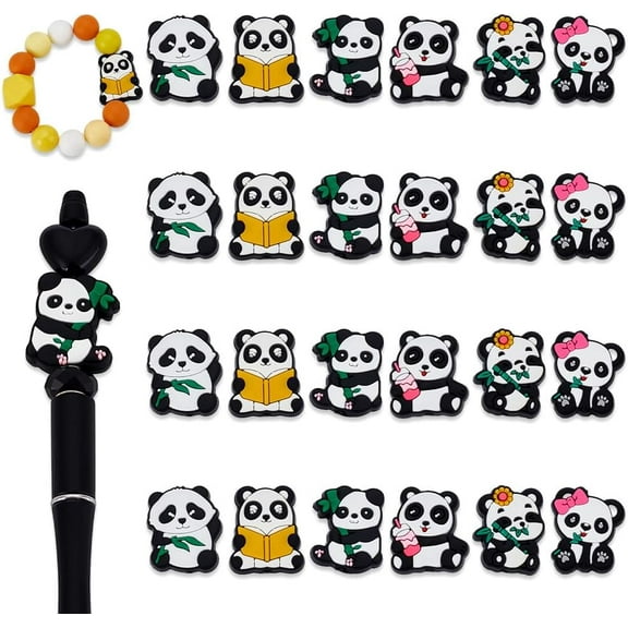 1set 24pcs 6 styles Silicone Focal Beads Panda Mixed color 28~29.5x23~25.5x8mm Hole: 3mm 4pcs/style