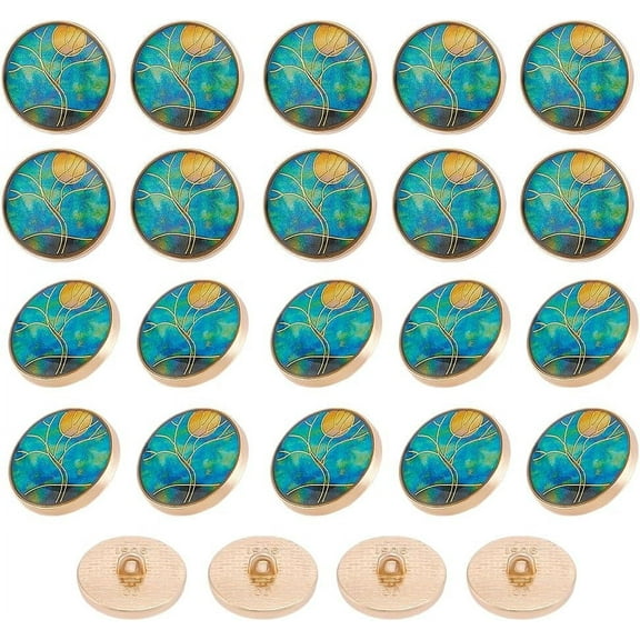 1set 24pcs Alloy Enamel Shank Buttons 1-Hole Flat Round with Flower Pattern Dark Turquoise 20x8mm Hole: 2mm 24pcs/set