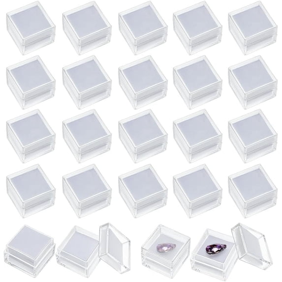 1set 24pcs Square Transparent Plastic Loose Diamond box Gemstone Small Jewelry Storage Case with Sponge Inside White 2.9x2.9x2.25cm