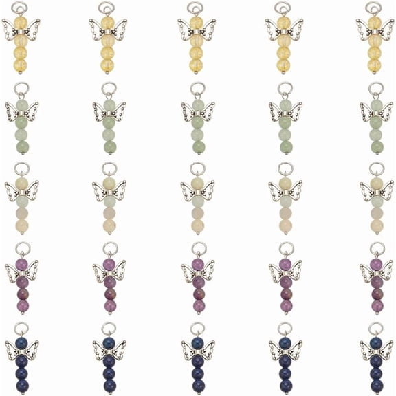 1set 25Pcs Angel Wing Charm 5 Colors Gemstone Dangle Pendants Colorful Pearl Beads Charms for Necklace Bracelet Earring Keychain DIY Craft Jewelry Making