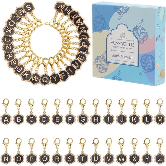 1set 26pcs Alloy Enamel Locking Stitch Markers Polygon with Letter A~Z with Alloy Lobster Claw Clasps Black 3.7cm