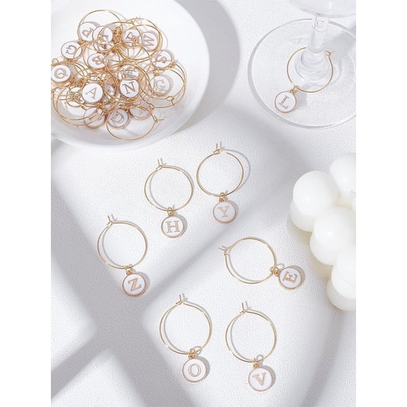 1set 26pcs Alloy Enamel Wine Glass with Brass Wine Glass Ring Flat Round with Letter A~Z Golden 45mm