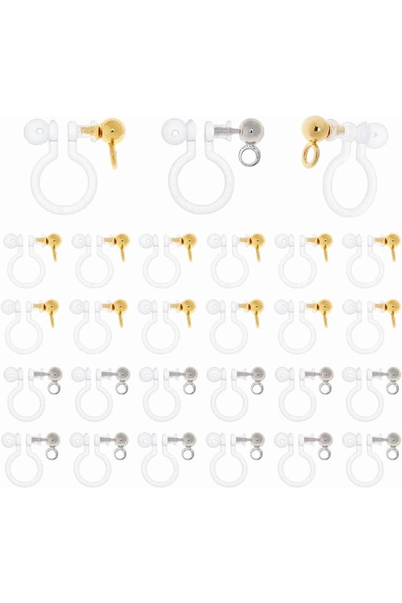 1set 28pcs 2 colors 201 Stainless Steel Clip-on Earring Settings with Plastic Golden & Stainless Steel color 11x10.5x3mm Hole: 1.6mm 28pcs/set
