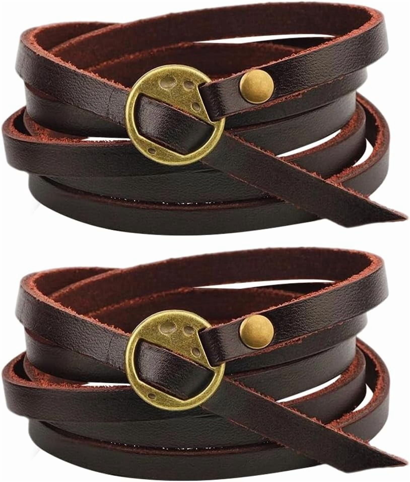 2-Pack Men's Real Leather Hemp Braided Bracelet – Black Cuff Style With Bronze Clasp (8.5 Inches)