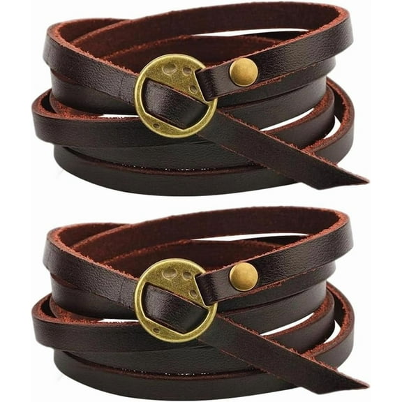1set 2PCS Genuine Leather Cuff Bracelets Adjustable Cowhide Leather Boho Layered Arm Armor Cuff Vintage Western Dark Brown Stackable Straps Wristbands Wrist Wrap with Toggle Clasp for Men Women Brown