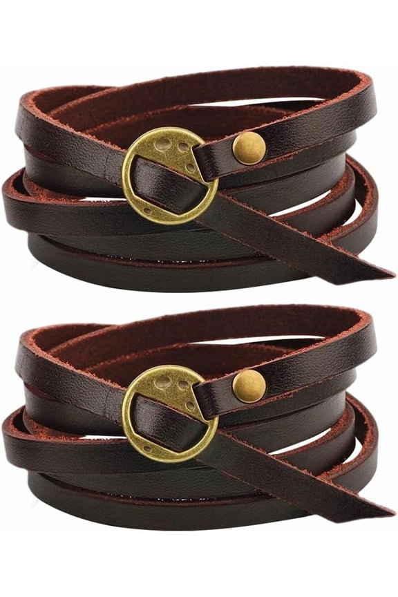 1set 2PCS Genuine Leather Cuff Bracelets Adjustable Cowhide Leather Boho Layered Arm Armor Cuff Vintage Western Dark Brown Stackable Straps Wristbands Wrist Wrap with Toggle Clasp for Men Women Brown