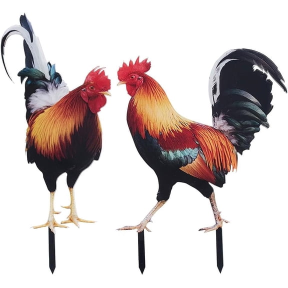1set 2Pcs Chicken Yard Art Acrylic Animal Stake Garden Hen Decoration Rooster Statue Double Sided Printing Sculpture Outdoor Stakes Yard Sign Art Decor Plug Ornament for Farmhouse Lawn