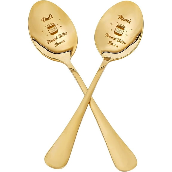 1set 2Pcs Dad's Mum's Peanut Butter Coffee Spoon with Gift Box Golden Engraved Stainless Steel Table Spoons for Friends Families Festival Christmas Birthday Wedding7.2'' Gold