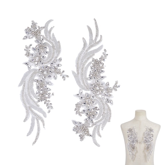 1set 2Pcs Polyester Handicraft Flower Beading Felt Appliques with Glass Rhinestone Costume Accessories Sewing Craft Decoration White 375x148x6mm