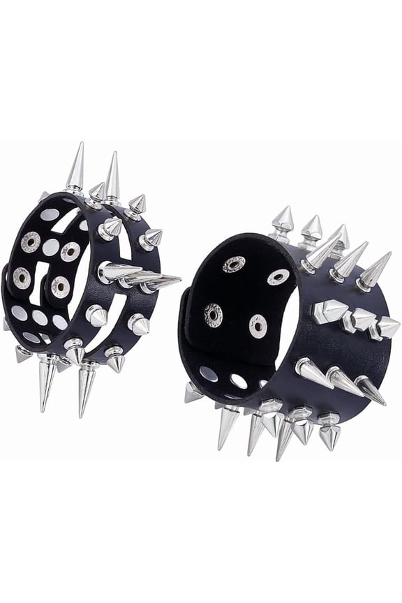 1set 2Pcs Pu Leather Braclet 2 Styles Black Punk Rock Bracelet Leather Cuff Punk Rock Studded Bracelets Adjustable Wide Strap Wristband 80S Gothic Cuff Bracelets for Rocker Outfits Black