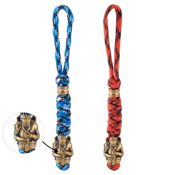 1set 2Pcs Umbrella Cord Polyester Spandex Rope Keychain Carabiner with Brass Beads Platinum Mixed Color 125mm