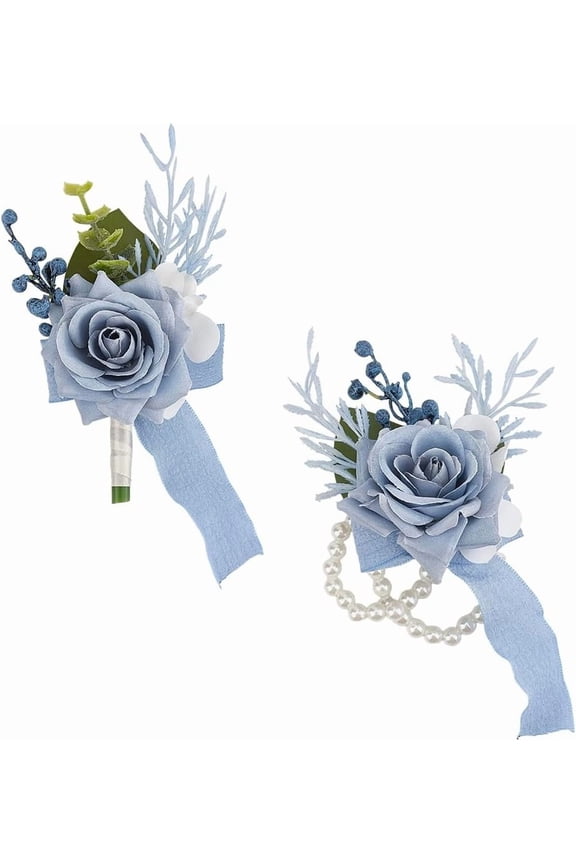 1set 2Pcs Wrist Corsage and Boutonniere Set for Wedding Prom 2 Styles Blue Rose Boutonniere Wrist Corsage Bracelets with Pearl Wristlet Band for Men Bride Bridesmaid Mother Party Blue
