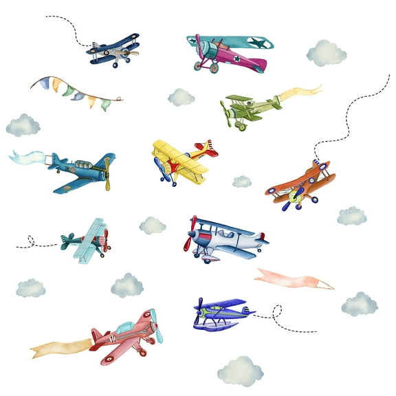 1set 2Sheets Airplane Wall Stickers Cartoon Aircraft Cloud Wall Decals Removable Wall Art Decals Wallpaper Self-Adhesive Wall Stickers for Bedroom Living Room Decoraions 29x90cm/11.42x35.43inch