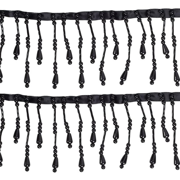 1set 2Yards Polyester with Plastic Imitation Pearl Beads Tassel Ribbons Fringe Trimming golden Webbing Ribbon Black 3 inch(75mm) 2yards/set